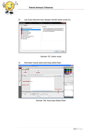 Teknik Animasi 2 Dimensi
132 | P a g e
2) Lalu buka dokumen baru dengan memilih action script 2.0,
Gambar 157. Action script
3) Kemudian masuk pada area kerja adobe flash,
Gambar 158. Area kerja Adobe Flash
 