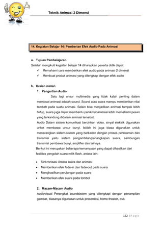 Teknik Animasi 2 Dimensi
152 | P a g e
14. Kegiatan Belajar 14: Pemberian Efek Audio Pada Animasi
a. Tujuan Pembelajaran.
Setelah mengikuti kegiatan belajar 14 diharapkan peserta didik dapat:
 Memahami cara memberikan efek audio pada animasi 2 dimensi
 Membuat produk animasi yang dilengkapi dengan efek audio
b. Uraian materi.
1. Pengertian Audio
Satu lagi unsur multimedia yang tidak kalah penting dalam
membuat animasi adalah sound. Sound atau suara mampu memberikan nilai
tambah pada suatu animasi. Selain bisa menjadikan animasi tampak lebih
hidup, suara juga dapat membantu penikmat animasi lebih memahami pesan
yang terkandung didalam animasi tersebut.
Audio Dalam sistem komunikasi bercirikan video, sinyal elektrik digunakan
untuk membawa unsur bunyi. Istilah ini juga biasa digunakan untuk
menerangkan sistem-sistem yang berkaitan dengan proses perekaman dan
transmisi yaitu sistem pengambilan/penangkapan suara, sambungan
transmisi pembawa bunyi, amplifier dan lainnya.
Berikut ini merupakan beberapa kemampuan yang dapat dihasilkan dari
fasilitas pengolah suara milik flash, antara lain:
 Sinkronisasi Antara suara dan animasi
 Memberikan efek fade-in dan fade-out pada suara
 Menghasilkan perulangan pada suara
 Memberikan efek suara pada tombol
2. Macam-Macam Audio
Audiovisual Perangkat soundsistem yang dilengkapi dengan penampilan
gambar, biasanya digunakan untuk presentasi, home theater, dsb.
 