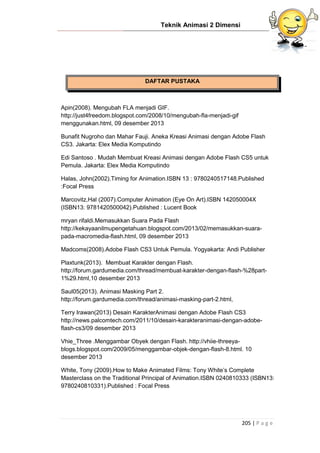 Teknik Animasi 2 Dimensi
205 | P a g e
DAFTAR PUSTAKA
Apin(2008). Mengubah FLA menjadi GIF.
http://just4freedom.blogspot.com/2008/10/mengubah-fla-menjadi-gif
menggunakan.html, 09 desember 2013
Bunafit Nugroho dan Mahar Fauji. Aneka Kreasi Animasi dengan Adobe Flash
CS3. Jakarta: Elex Media Komputindo
Edi Santoso . Mudah Membuat Kreasi Animasi dengan Adobe Flash CS5 untuk
Pemula. Jakarta: Elex Media Komputindo
Halas, John(2002).Timing for Animation.ISBN 13 : 9780240517148.Published
:Focal Press
Marcovitz,Hal (2007).Computer Animation (Eye On Art).ISBN 142050004X
(ISBN13: 9781420500042).Published : Lucent Book
mryan rifaldi.Memasukkan Suara Pada Flash
http://kekayaanilmupengetahuan.blogspot.com/2013/02/memasukkan-suara-
pada-macromedia-flash.html, 09 desember 2013
Madcoms(2008).Adobe Flash CS3 Untuk Pemula. Yogyakarta: Andi Publisher
Plaxtunk(2013). Membuat Karakter dengan Flash.
http://forum.gardumedia.com/thread/membuat-karakter-dengan-flash-%28part-
1%29.html,10 desember 2013
Saul05(2013). Animasi Masking Part 2.
http://forum.gardumedia.com/thread/animasi-masking-part-2.html,
Terry Irawan(2013) Desain KarakterAnimasi dengan Adobe Flash CS3
http://news.palcomtech.com/2011/10/desain-karakteranimasi-dengan-adobe-
flash-cs3/09 desember 2013
Vhie_Three .Menggambar Obyek dengan Flash. http://vhiie-threeya-
blogs.blogspot.com/2009/05/menggambar-objek-dengan-flash-8.html. 10
desember 2013
White, Tony (2009).How to Make Animated Films: Tony White’s Complete
Masterclass on the Traditional Principal of Animation.ISBN 0240810333 (ISBN13:
9780240810331).Published : Focal Press
 