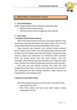 Teknik Animasi 2 Dimensi
15 | P a g e
2. Kegiatan Belajar 2: Teknik Animasi Tweening
a. Tujuan Pembelajaran.
Setelah mengikuti kegiatan belajar 2 diharapkan peserta didik dapat:
 Memahami teknik animasi tweening
 Membuat animasi 2 dimensi menggunakan teknik tweening
b. Uraian materi.
1. Pengertian Animasi Shape Tweening
Shape Tween adalah perubahan bentuk dari suatu objek ke objek lain. Untuk
Shape Tween objek yang dianimasikan harus berjenis Shape, untuk ukuran file
yang dihasilkan Shape Tween lebih besar dibandingkan motion Tween.
Shape tweening biasa digunakan untuk membuat animasi perubahan
bentuk. Sebagai contoh di dalam frame awal terdapat obyek bintang, kemudian
di dalam frame akhir terdapat obyek bulan sabit. Dengan menggunakan shape
tweening, program akan menganimasi dan menentukan transisi perubahan
bentuk dari bintang menjadi bulan sabit secara otomatis. Yang perlu
diperhatikan, shape tweening hanya dapat diterapkan untuk menganimasi obyek
shape. Jadi tidak untuk melakukan Shape tween untuk group, symbol, atau teks
Untuk hasil yang baik biasanya digunakan satu shape. Jika Anda
menggunakan banyak shape, semuanya harus dalam layer yang sama.Hal ini
akan memudahkan jika ingin melakukan perubahan. Shape tweening juga
memperbolehkan untuk mengubah warna.
2. Membuat animasi Motion Shape
Disini akan ditunjukkan bagaimana cara pembuatan animasi Motion Shape
1. Buka file baru atau Ctrl+N
2. Pada Frame pertama kita buat sebuah objek lingkaran dengan
menggunakan Oval Tool.
 