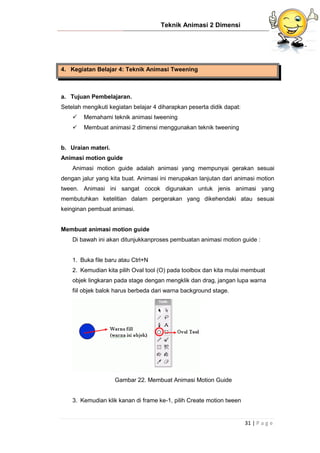 Teknik Animasi 2 Dimensi
31 | P a g e
4. Kegiatan Belajar 4: Teknik Animasi Tweening
a. Tujuan Pembelajaran.
Setelah mengikuti kegiatan belajar 4 diharapkan peserta didik dapat:
 Memahami teknik animasi tweening
 Membuat animasi 2 dimensi menggunakan teknik tweening
b. Uraian materi.
Animasi motion guide
Animasi motion guide adalah animasi yang mempunyai gerakan sesuai
dengan jalur yang kita buat. Animasi ini merupakan lanjutan dari animasi motion
tween. Animasi ini sangat cocok digunakan untuk jenis animasi yang
membutuhkan ketelitian dalam pergerakan yang dikehendaki atau sesuai
keinginan pembuat animasi.
Membuat animasi motion guide
Di bawah ini akan ditunjukkanproses pembuatan animasi motion guide :
1. Buka file baru atau Ctrl+N
2. Kemudian kita pilih Oval tool (O) pada toolbox dan kita mulai membuat
objek lingkaran pada stage dengan mengklik dan drag, jangan lupa warna
fiil objek balok harus berbeda dari warna background stage.
Gambar 22. Membuat Animasi Motion Guide
3. Kemudian klik kanan di frame ke-1, pilih Create motion tween
 