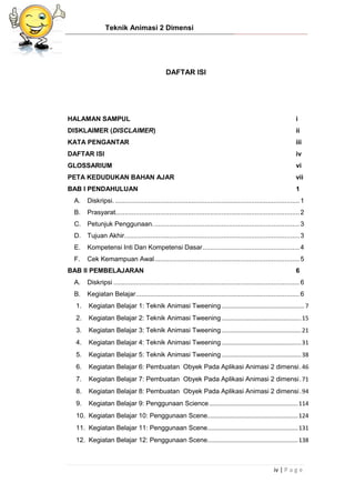 Teknik Animasi 2 Dimensi
iv | P a g e
DAFTAR ISI
HALAMAN SAMPUL i
DISKLAIMER (DISCLAIMER) ii
KATA PENGANTAR iii
DAFTAR ISI iv
GLOSSARIUM vi
PETA KEDUDUKAN BAHAN AJAR vii
BAB I PENDAHULUAN 1
A. Diskripsi. ...................................................................................................1
B. Prasyarat...................................................................................................2
C. Petunjuk Penggunaan...............................................................................3
D. Tujuan Akhir..............................................................................................3
E. Kompetensi Inti Dan Kompetensi Dasar....................................................4
F. Cek Kemampuan Awal..............................................................................5
BAB II PEMBELAJARAN 6
A. Diskripsi ....................................................................................................6
B. Kegiatan Belajar........................................................................................6
1. Kegiatan Belajar 1: Teknik Animasi Tweening ..................................................7
2. Kegiatan Belajar 2: Teknik Animasi Tweening ................................................15
3. Kegiatan Belajar 3: Teknik Animasi Tweening ................................................21
4. Kegiatan Belajar 4: Teknik Animasi Tweening ................................................31
5. Kegiatan Belajar 5: Teknik Animasi Tweening ................................................38
6. Kegiatan Belajar 6: Pembuatan Obyek Pada Aplikasi Animasi 2 dimensi.46
7. Kegiatan Belajar 7: Pembuatan Obyek Pada Aplikasi Animasi 2 dimensi.71
8. Kegiatan Belajar 8: Pembuatan Obyek Pada Aplikasi Animasi 2 dimensi.94
9. Kegiatan Belajar 9: Penggunaan Science......................................................114
10. Kegiatan Belajar 10: Penggunaan Scene.......................................................124
11. Kegiatan Belajar 11: Penggunaan Scene.......................................................131
12. Kegiatan Belajar 12: Penggunaan Scene.......................................................138
 