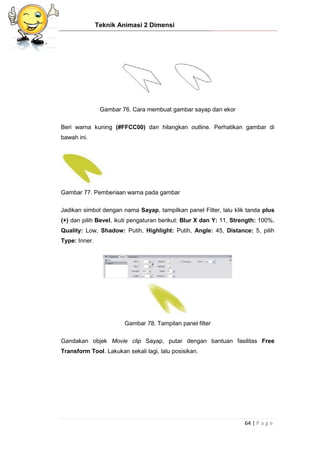 Teknik Animasi 2 Dimensi
64 | P a g e
Gambar 76. Cara membuat gambar sayap dan ekor
Beri warna kuning (#FFCC00) dan hilangkan outline. Perhatikan gambar di
bawah ini.
Gambar 77. Pemberiaan warna pada gambar
Jadikan simbol dengan nama Sayap, tampilkan panel Filter, lalu klik tanda plus
(+) dan pilih Bevel, ikuti pengaturan berikut: Blur X dan Y: 11, Strength: 100%,
Quality: Low, Shadow: Putih, Highlight: Putih, Angle: 45, Distance: 5, pilih
Type: Inner.
Gambar 78. Tampilan panel filter
Gandakan objek Movie clip Sayap, putar dengan bantuan fasilitas Free
Transform Tool. Lakukan sekali lagi, lalu posisikan.
 