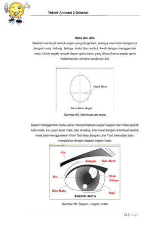Teknik Animasi 2 Dimensi
72 | P a g e
Mata dan Alis
Setelah membuat bentuk wajah yang diinginkan, saatnya mencoba mengisinya
dengan mata, hidung , telinga, mulut dan rambut. Awali dengan menggambar
mata. Untuk wajah tampak depan garis bantu yang dibuat harus sejajar garis
horizontal dan simetris kanan dan kiri.
Gambar 85. Membuat alis mata
Dalam menggambar mata, perlu memperhatikan bagian-bagian dari mata seperti
bola mata, iris, pupil, bulu mata, dan shading. kita mulai dengan membuat bentuk
mata bisa menggunakan Oval Tool atau dengan Line Tool, kemudian baru
mengisinya dengan bagian-bagian mata.
Gambar 86. Bagian – bagian mata
 