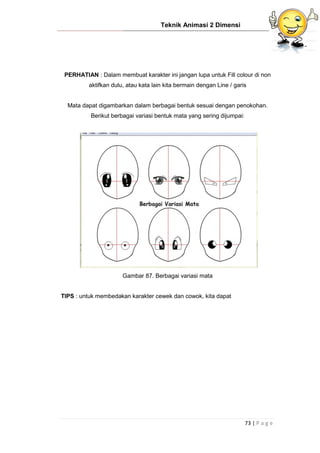 Teknik Animasi 2 Dimensi
73 | P a g e
PERHATIAN : Dalam membuat karakter ini jangan lupa untuk Fill colour di non
aktifkan dulu, atau kata lain kita bermain dengan Line / garis
Mata dapat digambarkan dalam berbagai bentuk sesuai dengan penokohan.
Berikut berbagai variasi bentuk mata yang sering dijumpai:
Gambar 87. Berbagai variasi mata
TIPS : untuk membedakan karakter cewek dan cowok, kita dapat
 
