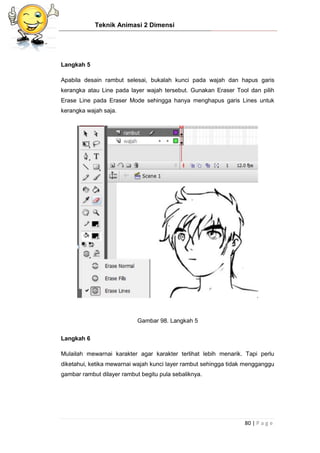 Teknik Animasi 2 Dimensi
80 | P a g e
Langkah 5
Apabila desain rambut selesai, bukalah kunci pada wajah dan hapus garis
kerangka atau Line pada layer wajah tersebut. Gunakan Eraser Tool dan pilih
Erase Line pada Eraser Mode sehingga hanya menghapus garis Lines untuk
kerangka wajah saja.
Gambar 98. Langkah 5
Langkah 6
Mulailah mewarnai karakter agar karakter terlihat lebih menarik. Tapi perlu
diketahui, ketika mewarnai wajah kunci layer rambut sehingga tidak mengganggu
gambar rambut dilayer rambut begitu pula sebaliknya.
 