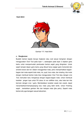 Teknik Animasi 2 Dimensi
89 | P a g e
Hasil Akhir
Gambar 117. Hasil Akhir
c. Rangkuman
Buatlah bentuk kepala berupa lingkaran atau oval sesuai keinginan dengan
menggunakan Oval Tool pada layer 1, sedangkan pada layer 2 siapkan garis
bantu untuk mempermudah pembuatan bentuk wajah yang diinginkan. Untuk
wajah tampak depan garis bantu yang dibuat harus sejajar garis horizontal dan
simetris kanan dan kiri. Dalam menggambar mata, perlu memperhatikan bagian-
bagian dari mata seperti bola mata, iris, pupil, bulu mata, dan shading. kita mulai
dengan membuat bentuk mata bisa menggunakan Oval Tool atau dengan Line
Tool, kemudian baru mengisinya dengan bagian-bagian mata. Untuk membuat
karakter jangan lupa untuk Fill colour di non aktifkan dulu, atau kata lain kita
bermain dengan Line / garis. Membedakan karakter cewek dan cowok, dapat
menambahkan/memperpanjang bulu mata yang lebih lentik. Untuk Finishing
wajah , tambahkan gambar Alis dan kelopak mata (jika perlu). Seperti mata
bentuk alis juga beragam sesuai kebutuhan.
 