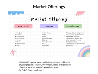 Market Offerings
• Market offerings are some combination, mixture, or blend of
physical products, services, information, ideas, or experiences
offered to a market to satisfy a need or a want.
• Eg: Coke’s Open Happiness
 