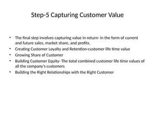 Step-5 Capturing Customer Value
• The final step involves capturing value in return- in the form of current
and future sales, market share, and profits.
• Creating Customer Loyalty and Retention-customer life time value
• Growing Share of Customer
• Building Customer Equity- The total combined customer life time values of
all the company’s customers
• Building the Right Relationships with the Right Customer
 