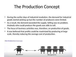 The Production Concept
• During the earlier days of industrial revolution, the demand for industrial
goods started picking up but the number of producers were limited.
• As a result, the demand exceeded the supply. Selling was no problem.
Anybody who could produce the goods was able to sell.
• The focus of business activities was, therefore, on production of goods.
• It was believed that profits could be maximized by producing at large
scale, thereby reducing the average cost of production.
 