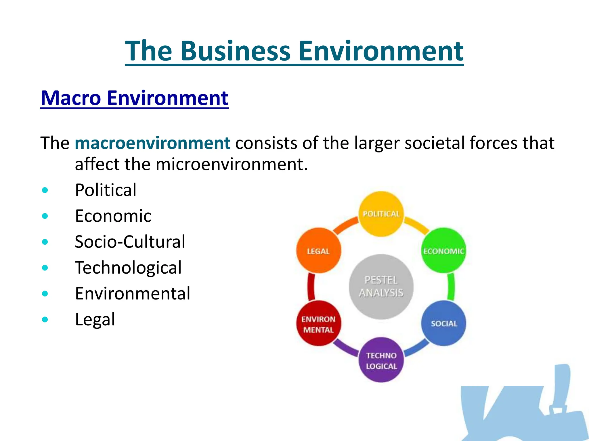 The Business Environment
Macro Environment
The macroenvironment consists of the larger societal forces that
affect the microenvironment.
• Political
• Economic
• Socio-Cultural
• Technological
• Environmental
• Legal
 
