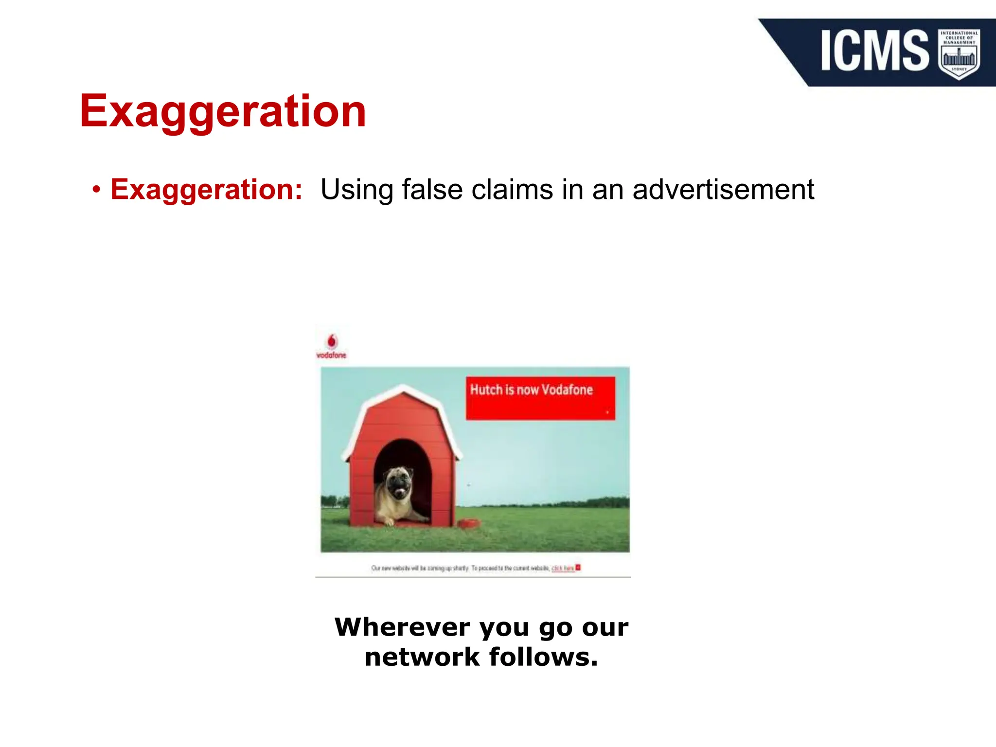Exaggeration
• Exaggeration: Using false claims in an advertisement
Wherever you go our
network follows.
 