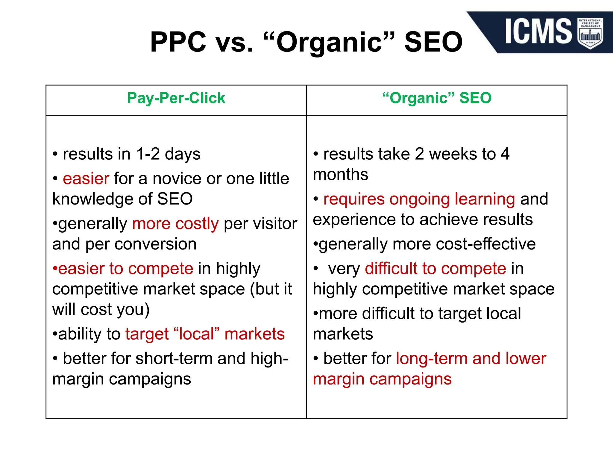 PPC vs. “Organic” SEO
Pay-Per-Click “Organic” SEO
• results in 1-2 days
• easier for a novice or one little
knowledge of SEO
•generally more costly per visitor
and per conversion
•easier to compete in highly
competitive market space (but it
will cost you)
•ability to target “local” markets
• better for short-term and high-
margin campaigns
• results take 2 weeks to 4
months
• requires ongoing learning and
experience to achieve results
•generally more cost-effective
• very difficult to compete in
highly competitive market space
•more difficult to target local
markets
• better for long-term and lower
margin campaigns
 
