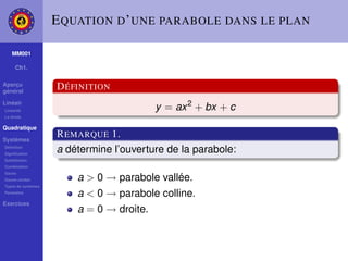 E QUATION D ’ UNE PARABOLE DANS LE PLAN

    MM001

     Ch1.

Aperçu
général
                    D ÉFINITION
Linéair
Linéarité                                 y = ax 2 + bx + c
La droite

Quadratique

Systèmes
                    R EMARQUE 1.
Déﬁnition
Signiﬁcation
                    a détermine l’ouverture de la parabole:
Substitution
Combination
Gauss
Gauss-Jordan            a > 0 → parabole vallée.
Types de systèmes
Paramètre
                        a < 0 → parabole colline.
Exercices
                        a = 0 → droite.
 