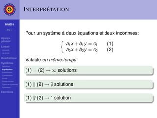 I NTERPRÉTATION

    MM001

     Ch1.
                    Pour un système à deux équations et deux inconnues:
Aperçu
général
                                       a1 x + b1 y = c1   (1)
Linéair
Linéarité                              a2 x + b2 y = c2   (2)
La droite

Quadratique
                    Valable en même temps!
Systèmes
Déﬁnition
Signiﬁcation
Substitution
                    (1) = (2) → ∞ solutions
Combination
Gauss
Gauss-Jordan
Types de systèmes
Paramètre
                    (1)   (2) →   solutions
Exercices

                    (1)   (2) → 1 solution
 