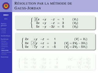 R ÉSOLUTION PAR LA MÉTHODE DE
                    G AUSS -J ORDAN
    MM001
                              
     Ch1.
                               2x    +y    −z = 1         (V1 )
Aperçu                          3x    +y    −z = 3         (V2 )
général
                                5x    −y   −3z = 0
                              
                                                           (V3 )
Linéair
Linéarité
La droite

Quadratique
                       
Systèmes
                        2x    +y    −z =  1                (V1 = V1 )
Déﬁnition
Signiﬁcation
Substitution
                         0x   -1 y   +z =  3         (V2 = 2V2 − 3V1 )
                         0x   −7y    −z = −5         (V3 = 2V3 − 5V1 )
Combination
                       
Gauss
Gauss-Jordan
Types de systèmes
Paramètre

Exercices            
                      −2x    +0y     +0z = −4         (V1 = −V1 − V2 )
                        0x    −1y      +z =   3              (V2 = V2 )
                        0x           + 8 z = 26       (V3 = −V3 + 7V2 )
                     
                              +0y
 