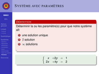 S YSTÈME AVEC PARAMÈTRES

    MM001

     Ch1.
                    D ÉFINITION
Aperçu
général             Déterminir la ou les paramètre(s) pour que notre système
Linéair
Linéarité
                    aît
La droite

Quadratique
                        1   une solution unique
Systèmes                2    solution
Déﬁnition
Signiﬁcation
Substitution
                        3   ∞ solutions
Combination
Gauss
Gauss-Jordan
                    .
Types de systèmes
Paramètre

Exercices                                     x   +2y   = 1
                                             2x   +ky   = 2
 