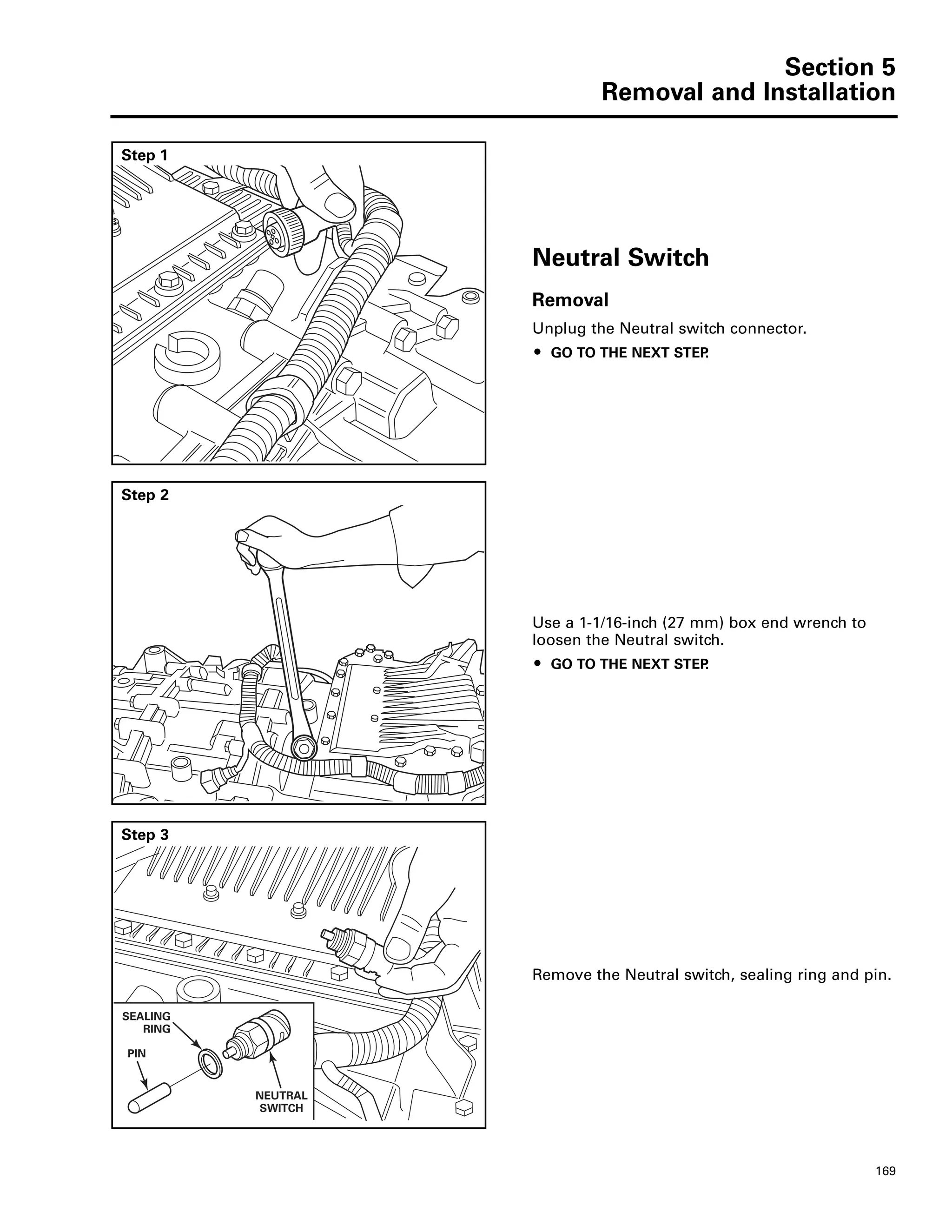 Section 5
Removal and Installation
169
Step 1
Neutral Switch
Removal
Unplug the Neutral switch connector.
ț GO TO THE NEXT STEP.
Step 2
Use a 1-1/16-inch (27 mm) box end wrench to
loosen the Neutral switch.
ț GO TO THE NEXT STEP.
Step 3
Remove the Neutral switch, sealing ring and pin.
NEUTRAL
SWITCH
SEALING
RING
PIN
 