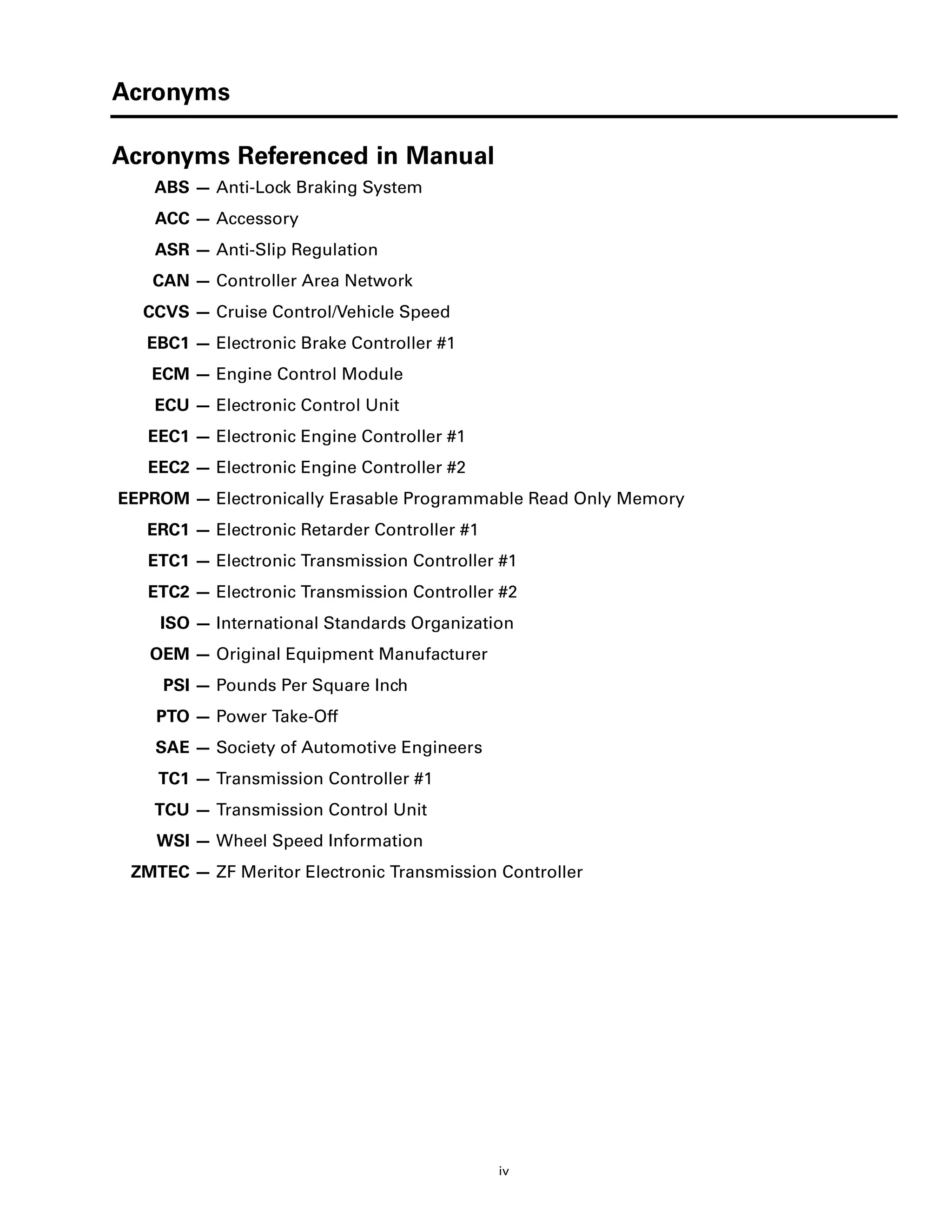 Acronyms
iv
Acronyms Referenced in Manual
ABS — Anti-Lock Braking System
ACC — Accessory
ASR — Anti-Slip Regulation
CAN — Controller Area Network
CCVS — Cruise Control/Vehicle Speed
EBC1 — Electronic Brake Controller #1
ECM — Engine Control Module
ECU — Electronic Control Unit
EEC1 — Electronic Engine Controller #1
EEC2 — Electronic Engine Controller #2
EEPROM — Electronically Erasable Programmable Read Only Memory
ERC1 — Electronic Retarder Controller #1
ETC1 — Electronic Transmission Controller #1
ETC2 — Electronic Transmission Controller #2
ISO — International Standards Organization
OEM — Original Equipment Manufacturer
PSI — Pounds Per Square Inch
PTO — Power Take-Off
SAE — Society of Automotive Engineers
TC1 — Transmission Controller #1
TCU — Transmission Control Unit
WSI — Wheel Speed Information
ZMTEC — ZF Meritor Electronic Transmission Controller
 