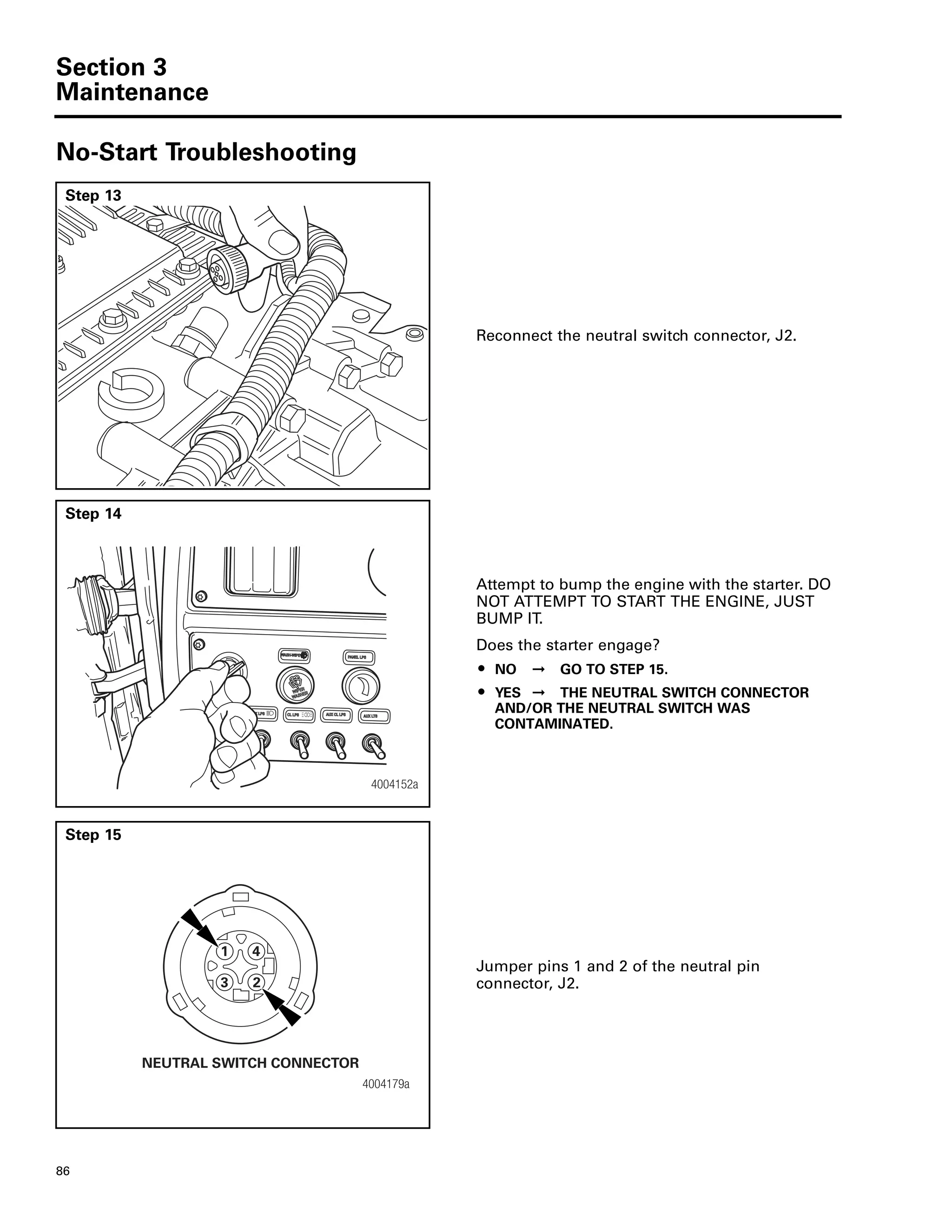 Section 3
Maintenance
86
No-Start Troubleshooting
Step 13
Reconnect the neutral switch connector, J2.
Step 14
Attempt to bump the engine with the starter. DO
NOT ATTEMPT TO START THE ENGINE, JUST
BUMP IT.
Does the starter engage?
ț NO ➞ GO TO STEP 15.
ț YES ➞ THE NEUTRAL SWITCH CONNECTOR
AND/OR THE NEUTRAL SWITCH WAS
CONTAMINATED.
4004152a
Step 15
Jumper pins 1 and 2 of the neutral pin
connector, J2.
4004179a
1 4
3 2
NEUTRAL SWITCH CONNECTOR
 