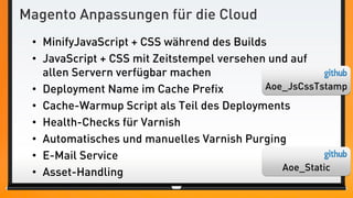 Magento Anpassungen für die Cloud
• MinifyJavaScript + CSS während des Builds
• JavaScript + CSS mit Zeitstempel versehen und auf
allen Servern verfügbar machen
• Deployment Name im Cache Prefix
• Cache-Warmup Script als Teil des Deployments
• Health-Checks für Varnish
• Automatisches und manuelles Varnish Purging
• E-Mail Service
• Asset-Handling
Aoe_JsCssTstamp
Aoe_Static
 