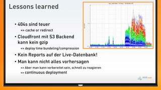 Lessons learned

 • 404s sind teuer
   => cache or redirect
 • Cloudfront mit S3 Backend
   kann kein gzip
   => deploy time bundeling/compression

 • Kein Reports auf der Live-Datenbank!
 • Man kann nicht alles vorhersagen
   => Aber man kann vorbereitet sein, schnell zu reagieren
   => continuous deployment
 