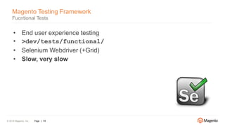 © 2016 Magento, Inc. Page | 14
Magento Testing Framework
Fucntional Tests
• End user experience testing
• >dev/tests/functional/
• Selenium Webdriver (+Grid)
• Slow, very slow
 