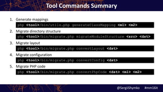 Tool Commands Summary
1. Generate mappings
2. Migrate directory structure
3. Migrate layout
4. Migrate configuration
5. Migrate PHP code
php <tool>/bin/migrate.php migrateModuleStructure <src> <dst>
php <tool>/bin/migrate.php convertLayout <dst>
php <tool>/bin/migrate.php convertConfig <dst>
php <tool>/bin/migrate.php convertPhpCode <dst> <m1> <m2>
php <tool>/bin/utils.php generateClassMapping <m1> <m2>
@SergiiShymko #mm16it
 