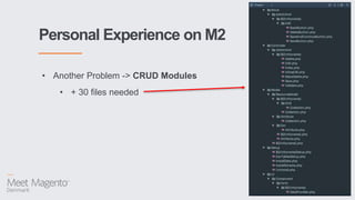 Personal Experience on M2
• Another Problem -> CRUD Modules
• + 30 files needed
 