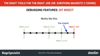 DEBUGGING FEATURES: GIT BISECT
THE RIGHT TOOLS FOR THE RIGHT JOB (OR: SURVIVING MAGENTO 2 CODING)
#mm17it	|	Riccardo	Tempesta
Works like this
 