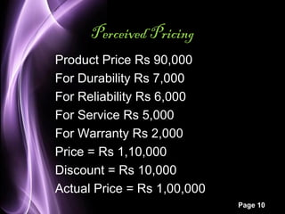 Page 10 
Perceived Pricing 
Product Price Rs 90,000 
For Durability Rs 7,000 
For Reliability Rs 6,000 
For Service Rs 5,000 
For Warranty Rs 2,000 
Price = Rs 1,10,000 
Discount = Rs 10,000 
Actual Price = Rs 1,00,000 
 