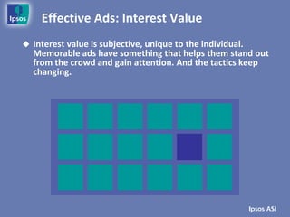Effective Ads: Interest Value
   Interest value is subjective, unique to the individual.
    Memorable ads have something that helps them stand out
    from the crowd and gain attention. And the tactics keep
    changing.
 
