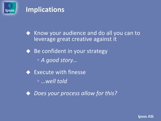 Implications


   Know your audience and do all you can to
    leverage great creative against it
   Be confident in your strategy
      A good story…
   Execute with finesse
      …well told
   Does your process allow for this?
 
