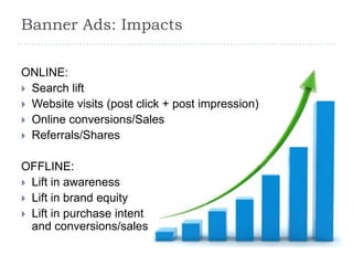 Banner Ads: Impacts

ONLINE:
 Search lift
 Website visits (post click + post impression)
 Online conversions/Sales
 Referrals/Shares


OFFLINE:
 Lift in awareness
 Lift in brand equity
 Lift in purchase intent
  and conversions/sales
 