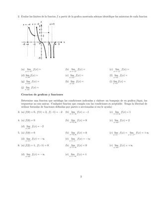 2. Evalue los limites de la funcion f a partir de la graﬁca mostrada ademas identiﬁque las asintotas de cada funcion
(a) lim
x→−4+
f(x) = (b) lim
x→−2+
f(x) = (c) lim
x→−2−
f(x) =
(d) lim
x→0
f(x) = (e) lim
x→2+
f(x) = (f) lim
x→2−
f(x) =
(g) lim
x→3+
f(x) = (h) lim
x→3−
f(x) = (i) lim
x→3
f(x) =
(j) lim
x→4−
f(x) =
Creacion de graﬁcas y funciones
Determine una funcion que satisfaga las condiciones indicadas y elabore un bosquejo de su graﬁca.(Aqui, las
respuestas no son unicas. Cualquier funcion que cumpla con las condiciones es aceptable. Tenga la libertad de
utilizar formulas de funciones deﬁnidas por partes o seccionadas si eso le ayuda)
3. (a) f(0) = 0, f(1) = 2, f(−1) = −2 (b) lim
x→−∞
f(x) = −1 (c) lim
x→+∞
f(x) = 1
4. (a) f(0) = 0 (b) lim
x→±∞
f(x) = 0 (c) lim
x→0+
f(x) = 2
(d) lim
x→0−
f(x) = −2
5. (a) f(0) = 0 (b) lim
x→±∞
f(x) = 0 (c) lim
x→1−
f(x) = lim
x→−1+
f(x) = +∞
(d) lim
x→1+
f(x) = −∞ (e) lim
x→−1−
f(x) = −∞
6. (a) f(2) = 1, f(−1) = 0 (b) lim
x→+∞
f(x) = 0 (c) lim
x→0+
f(x) = +∞
(d) lim
x→0−
f(x) = −∞ (e) lim
x→−∞
f(x) = 1
3
 