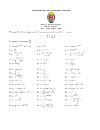 Universidad Nacional Autonoma de Honduras

Escuela de Matematicas
MM-201 Calculo I
Lic. Carlos Miguel Cruz
Teorema 0.1 (Derivada Logaritmica). Si u es una funcion diferenciable de x, entonces
dy
1 u
=
dx
ln a u
En los ejercicios determine

dy
dx
√

1. = (sin(x))tan(x) ; sin(x) > 0

2. y = xln(x)

4. y = xx

5. y = xe − x
√
x2 − 1 sin(x)
8. y =
(2x + 3)4

7. y =

2

xx tan(ex )
2x

10. y =

(x + 1)5
(x + 2)20

1 + ln2 x

9. y =

√ (x2 + 1)5
1
(1 + x) √
2
1−x

x−1
log2 x

18. y =

17. y =

1 − ln x
1 + ln x

6. y = (xe )x sin(x)

15. y =

1
ln x
ln x
20. y =
1 + x2

16. y = x sin(x ln x)

x

12. y = ln2 x

11. y = x2 log3 x
√
14. y = ln x

13. y = x log2 x

19. y =

3. y = sin(x) + 2x

ln x
, n∈R
xn

21. y = xn ln x, n ∈ R

23. y = ln(sin x)

24. y = log3 (x2 − 1)

25. y = ln(1 − 2x)

26. y = ln(x2 − 4x)

27. y = ln tan x

28. y = ln(cos−1 (2x))

29. y = ln4 (sin x)

30. y = tan−1 (ln(ax + b))

32. y = log2 (log3 (log5 x))

33. y = ln(tan−1

x+3
))
4
38. y = sin(xcos(x) )

36. y = xx

22. y =

31. y = (1 + ln(sin x))

n

34. y = sin−1 (ln(a3 + x3 ))
x
37. y = xx

2
40. y = (x + 1) x

43. y =

√
x sin(x) 1 − ex

2

35. y =

3

ln(sin(

2

41. y = x3 ex sin(2x)

44. y =

1 − sin−1 (x)
1 − sin−1 (x)
1

1 + x2 )

2

x
39. y = ln(x log2 x )
√
(x − 2)2 3 x + 1
42. y =
(x − 5)3
1
√
45. y = (x + e) x

 