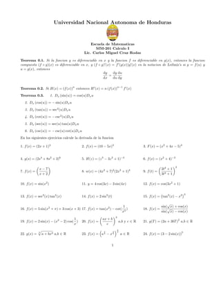 Universidad Nacional Autonoma de Honduras

Escuela de Matematicas
MM-201 Calculo I
Lic. Carlos Miguel Cruz Rodas
Teorema 0.1. Si la funcion g es diferenciable en x y la funcion f es diferenciable en g(x), entonces la funcion
compuesta (f ◦ g)(x) es diferenciable en x, y (f ◦ g) (x) = f (g(x))g (x) en la notacion de Leibniz’s si y = f (u) y
u = g(x), entonces
dy du
dy
=
dx
du dy
n

Teorema 0.2. Si H(x) = (f (x)) entonces H (x) = n (f (x))
Teorema 0.3.

n−1

f (x)

1. Dx (sin(u)) = cos(u)Dx u

2. Dx (cos(u)) = − sin(u)Dx u
3. Dx (tan(u)) = sec2 (u)Dx u
4. Dx (cot(u)) = − csc2 (u)Dx u
5. Dx (sec(u)) = sec(u) tan(u)Dx u
6. Dx (csc(u)) = − csc(u) cot(u)Dx u
En los siguientes ejercicios calcule la derivada de la funcion
1. f (x) = (2x + 1)3

2. f (x) = (10 − 5x)4

3. F (x) = (x2 + 4x − 5)4

4. g(s) = (2s4 + 8s2 + 3)6

5. H(z) = (z 3 − 3z 2 + 1)−3

6. f (x) = (x2 + 4)−2

8. w(x) = (4x2 + 7)2 (2x3 + 1)4

9. f (t) =

10. f (x) = sin(x2 )

11. y = 4 cos(3x) − 3 sin(4x)

12. f (x) = cos(3x2 + 1)

13. f (x) = sec2 (x) tan2 (x)

14. f (x) = 2 sin3 (t)

15. f (x) = tan2 (x) − x2

7. f (x) =

x−7
x+2

1
16. f (x) = 5 sin(x + π) + 3 cos(x + 3) 17. f (x) = tan(x ) − cot( 2 )
x
2

1
19. f (x) = 2 sin(x) − (x2 − 2) cos( )
x
22. g(x) =

3

a + bx3 a,b ∈ R

2

20. f (x) =

2

3

√
sin( x) + cos(x)
√
18. f (x) =
sin( x) − cos(x)

3

ax + b
c
2

2t2 + 1
3t3 + 1

a,b y c ∈ R
2

23. f (x) = a 3 − x 3
1

3
2

a∈R

2

21. g(T ) = (2a + 3bT ) a,b ∈ R
5

24. f (x) = (3 − 2 sin(x))

 