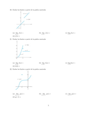 20. Evalue los limites a partir de la graﬁca mostrada
(a) lim
x→1+
f(x) = (b) lim
x→1−
f(x) = (c) lim
x→1
f(x) =
(d) f(1) =
21. Evalue los limites a partir de la graﬁca mostrada
(a) lim
x→2+
h(x) = (b) lim
x→2−
h(x) = (c) lim
x→2
h(x) =
(d) h(2) =
22. Evalue los limites a partir de la graﬁca mostrada
(a) lim
x→−1+
g(x) = (b) lim
x→−1−
g(x) = (c) lim
x→−1
g(x) =
(d) g(−1) =
5
 