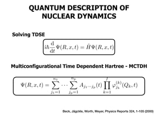 QUANTUM DESCRIPTION OF
NUCLEAR DYNAMICS
Multiconfigurational Time Dependent Hartree - MCTDH
Beck, Jägckle, Worth, Meyer, Physics Reports 324, 1-105 (2000)
Solving TDSE
˙ı~
d
dt
(R, x, t) = ˆH (R, x, t)
<latexit sha1_base64="fv1M6ac9wuMpQuctrQ5bVDufM6s=">AAACMHicbVDLSsNAFJ3UV62vqks3wSJUKCWpgm6EoptuhCr2AU0pk+mkGTp5MHMjlpCf0t/wA+xK1J1f4SR2UVvv6sw5Z7j3HDvkTIJhTLXcyura+kZ+s7C1vbO7V9w/aMsgEoS2SMAD0bWxpJz5tAUMOO2GgmLP5rRjj29SvfNIhWSB/wCTkPY9PPKZwwgGRQ2Kt9YwgNhiHgY3sVwbC8sRmMRWSggvHibJHIbEakpWvq88VeD0ynIxxI15alAsGVUjG30ZmDNQQrNpDoqvaj+JPOoD4VjKnmmE0I+xAEY4TQpWJGmIyRiPaE9BH3tU9uMsdqKfOIHQwaV69p73xtiTcuLZypPeLhe1LO0/Wi8C57IfMz+MgPpEWZTmRFyHQE/b04dMUAJ8ogAmgqkrdeJiVRiojgsqvrkYdhm0a1XzrFq7Oy/Vr2dF5NEROkZlZKILVEcN1EQtRNALmqJP9KU9a2/au/bxa81psz+H6M9o3z/eP6sb</latexit>
(R, x, t) =
n1X
j1=1
· · ·
np
X
jp=1
Aj1···jp (t)
fY
k=1
'
(k)
jk
(Qk, t)
<latexit sha1_base64="284SpDh6RYQ6Lue/vcZv9HY7wPM=">AAACZnicbZHRbtMwFIadDNgosHUgBIgbiwoplaYq2SbBTaUybrjsEN0mNSVyXGf14sSWfTKtinzF6/ECvAG8xZwsmmDjXP3n/z/LPsepEtxAGP7y/I0HDx9tbj3uPXn6bHunv/v8xMhKUzajUkh9lhLDBC/ZDDgIdqY0I0Uq2Gmaf27y00umDZflN1grtijIeckzTgk4K+n/iKeGB1/3rvZgOI5NVST1RVJHdhzZ73XZKBvTpQRzm6nbTFn7qcNvGNzGNoBhrLRcJnXeopmNL4lWK97CuXVWkA9tcNw07t6kPwhHYVv4vog6MUBdTZP+z3gpaVWwEqggxsyjUMGiJho4Fcz24sowRWhOztncyZIUzCzqdlkWv8+kxrBiuO3/ZmtSGLMuUscUBFbmbtaY/8vmFWQfFzUvVQWspA5xWVYJDBI3O8dLrhkFsXaCUM3dKzFdEU0ouJ/pufGju8PeFyf7o+hgtH98OJgcdYvYQm/ROxSgCH1AE/QFTdEMUfTH2/Fee2+83/62/9J/dYP6XnfmBfqnfHwNEt+7CQ==</latexit>
 