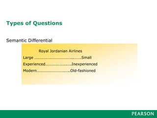 Types of Questions
Semantic Differential
Royal Jordanian Airlines
Large ………………………………...…….Small
Experienced………………….….Inexperienced
Modern……………………….…..Old-fashioned
 