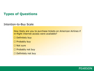 Types of Questions
Intention-to-Buy Scale
How likely are you to purchase tickets on American Airlines if
in-flight internet access were available?
 Definitely buy
 Probably buy
 Not sure
 Probably not buy
 Definitely not buy
 