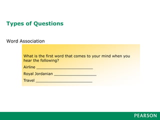 Types of Questions
Word Association
What is the first word that comes to your mind when you
hear the following?
Airline ________________________
Royal Jordanian __________________
Travel ________________________
 