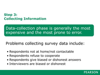 Step 3:
Collecting Information
Data-collection phase is generally the most
expensive and the most prone to error.
Problems collecting survey data include:
• Respondents not at home/not contactable
• Respondents refuse to cooperate
• Respondents give biased or dishonest answers
• Interviewers are biased or dishonest
 