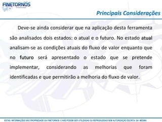 Atualizado em 10/12
ESTAS INFORMAÇÕES SÃO PROPRIEDADE DA FINETORNOS E NÃO PODEM SER UTILIZADAS OU REPRODUZIDAS SEM AUTORIZAÇÃO ESCRITA DA MESMA
Deve-se ainda considerar que na aplicação desta ferramenta
são analisados dois estados: o atual e o futuro. No estado atual
analisam-se as condições atuais do fluxo de valor enquanto que
no futuro será apresentado o estado que se pretende
implementar, considerando as melhorias que foram
identificadas e que permitirão a melhoria do fluxo de valor.
Principais Considerações
 