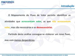 Atualizado em 10/12
ESTAS INFORMAÇÕES SÃO PROPRIEDADE DA FINETORNOS E NÃO PODEM SER UTILIZADAS OU REPRODUZIDAS SEM AUTORIZAÇÃO ESCRITA DA MESMA
O Mapeamento do Fluxo de Valor permite identificar as
atividades que acrescentam valor, as que não acrescentam
valor, mas são necessárias e as desnecessárias.
Partindo desta análise consegue-se elaborar um novo fluxo,
mas com menos desperdícios.
Introdução
 