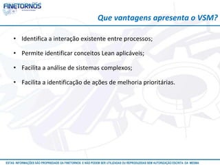 Atualizado em 10/12
ESTAS INFORMAÇÕES SÃO PROPRIEDADE DA FINETORNOS E NÃO PODEM SER UTILIZADAS OU REPRODUZIDAS SEM AUTORIZAÇÃO ESCRITA DA MESMA
• Identifica a interação existente entre processos;
• Permite identificar conceitos Lean aplicáveis;
• Facilita a análise de sistemas complexos;
• Facilita a identificação de ações de melhoria prioritárias.
Que vantagens apresenta o VSM?
 