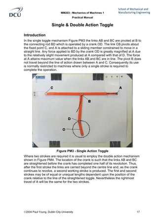MM203 - Mechanics of Machines 1
Practical Manual
2004 Paul Young, Dublin City University 17
Single & Double Action Toggle
Introduction
In the single toggle mechanism Figure PM3 the links AB and BC are pivoted at B to
the connecting rod BD which is operated by a crank OD. The link CB pivots about
the fixed point C, and A is attached to a sliding member constrained to move in a
straight line. Any force applied to BD by the crank OD is greatly magnified at A due
to the relatively slight movement produced at A compared with that of D. The force
at A attains maximum value when the links AB and BC are in line. The pivot B does
not travel beyond the line of action drawn between A and C. Consequently its use
is normally restricted to machines where only a single stroke is required to
complete the operation.
Figure PM3 - Single Action Toggle
Where two strokes are required it is usual to employ the double action mechanism
shown in Figure PM4. The location of the crank is such that the links AB and BC
are straightened before the crank has completed one half of its revolution. Thus,
after the first stroke the links are carried beyond the centre line and, as the crank
continues to revolve, a second working stroke is produced. The first and second
strokes may be of equal or unequal lengths dependent upon the position of the
crank relative to the line of the straightened toggle. Nevertheless the rightmost
travel of A will be the same for the two strokes.
 