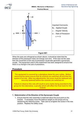 MM203 - Mechanics of Machines 1
Practical Manual
2004 Paul Young, Dublin City University 21
Important Comments:
CA : Applied Couple
ω : Angular Velocity
Ω : Rate of Precession
ω >> Ω
Figure GE1
When the axes are orthogonal as shown above, it should be noted that the
direction of the precession does not change over time. If this was not the case
then the movement of the axis of precession would also generate a gyroscopic
couple. The equipment used in this experiment has been designed to ensure that
there is no change in the axis of precession.
Procedure
The equipment is covered by a plexiglass dome for your safety. Before
removing the dome ensure that all controls are switched off and that the
system is at rest. After any adjustments, the cover must be replaced and
securely fastened before the controls are switched on.
Failure to observe this rule will result in zero marks being awarded to the
group for this laboratory, a penalty which will affect the final mark for this
module.
1. Determination of the Direction of the Gyroscopic Couple
1. Ensure that the rotor assembly is balanced about the pivot point on the
bracket. If necessary move the balance weight on the torque arm by
slackening the retaining screw. Take care to re-tighten the screw in the new
position. Replace the safety cover.
 