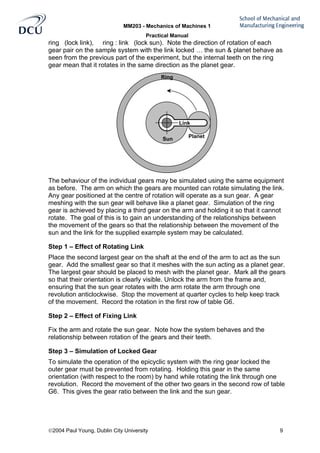 MM203 - Mechanics of Machines 1
Practical Manual
2004 Paul Young, Dublin City University 9
ring (lock link), ring : link (lock sun). Note the direction of rotation of each
gear pair on the sample system with the link locked … the sun & planet behave as
seen from the previous part of the experiment, but the internal teeth on the ring
gear mean that it rotates in the same direction as the planet gear.
Link
Sun Planet
Ring
The behaviour of the individual gears may be simulated using the same equipment
as before. The arm on which the gears are mounted can rotate simulating the link.
Any gear positioned at the centre of rotation will operate as a sun gear. A gear
meshing with the sun gear will behave like a planet gear. Simulation of the ring
gear is achieved by placing a third gear on the arm and holding it so that it cannot
rotate. The goal of this is to gain an understanding of the relationships between
the movement of the gears so that the relationship between the movement of the
sun and the link for the supplied example system may be calculated.
Step 1 – Effect of Rotating Link
Place the second largest gear on the shaft at the end of the arm to act as the sun
gear. Add the smallest gear so that it meshes with the sun acting as a planet gear.
The largest gear should be placed to mesh with the planet gear. Mark all the gears
so that their orientation is clearly visible. Unlock the arm from the frame and,
ensuring that the sun gear rotates with the arm rotate the arm through one
revolution anticlockwise. Stop the movement at quarter cycles to help keep track
of the movement. Record the rotation in the first row of table G6.
Step 2 – Effect of Fixing Link
Fix the arm and rotate the sun gear. Note how the system behaves and the
relationship between rotation of the gears and their teeth.
Step 3 – Simulation of Locked Gear
To simulate the operation of the epicyclic system with the ring gear locked the
outer gear must be prevented from rotating. Holding this gear in the same
orientation (with respect to the room) by hand while rotating the link through one
revolution. Record the movement of the other two gears in the second row of table
G6. This gives the gear ratio between the link and the sun gear.
 
