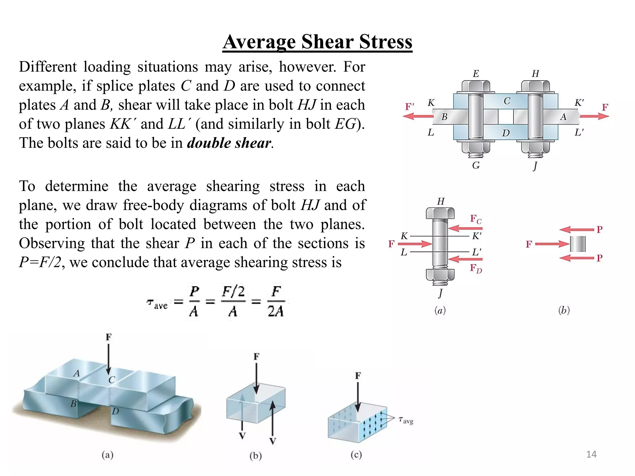 Average Shear Stress 
Different loading situations may arise, however. For example, if splice plates C and D are used to connect plates A and B, shear will take place in bolt HJ in each of two planes KK´ and LL´ (and similarly in bolt EG). The bolts are said to be in double shear. 
To determine the average shearing stress in each plane, we draw free-body diagrams of bolt HJ and of the portion of bolt located between the two planes. Observing that the shear P in each of the sections is P=F/2, we conclude that average shearing stress is 
14  